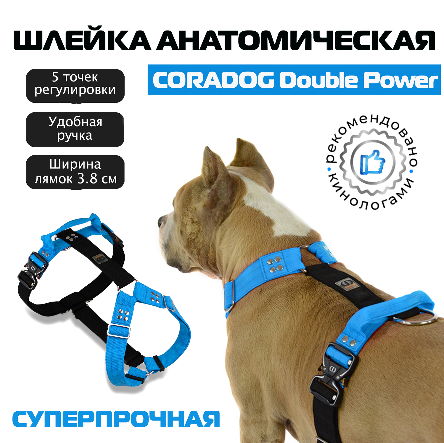 Шлейка с ручкой для собак прогулочная анатомическая, для ЗКС, тренировок, CORADOG Double Power цвет голубой, черный