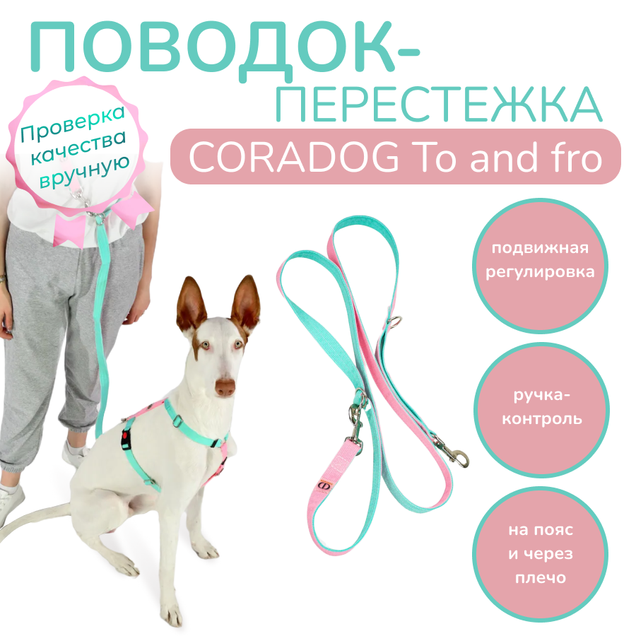 Поводок-перестежка с ручкой контролем и подвижным кольцом, CORADOG To and fro, 2,5м,  цвет мятный, розовый леденец