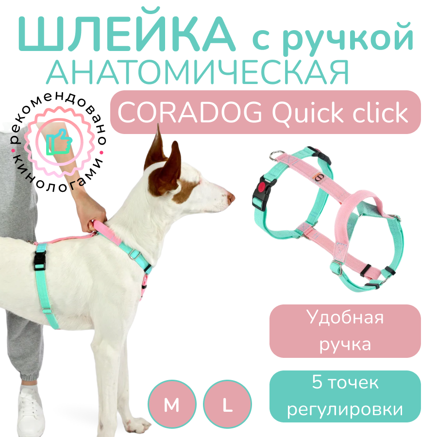 Шлейка с ручкой прогулочная анатомическая CORADOG Quick click, цвет мятный, розовый леденец