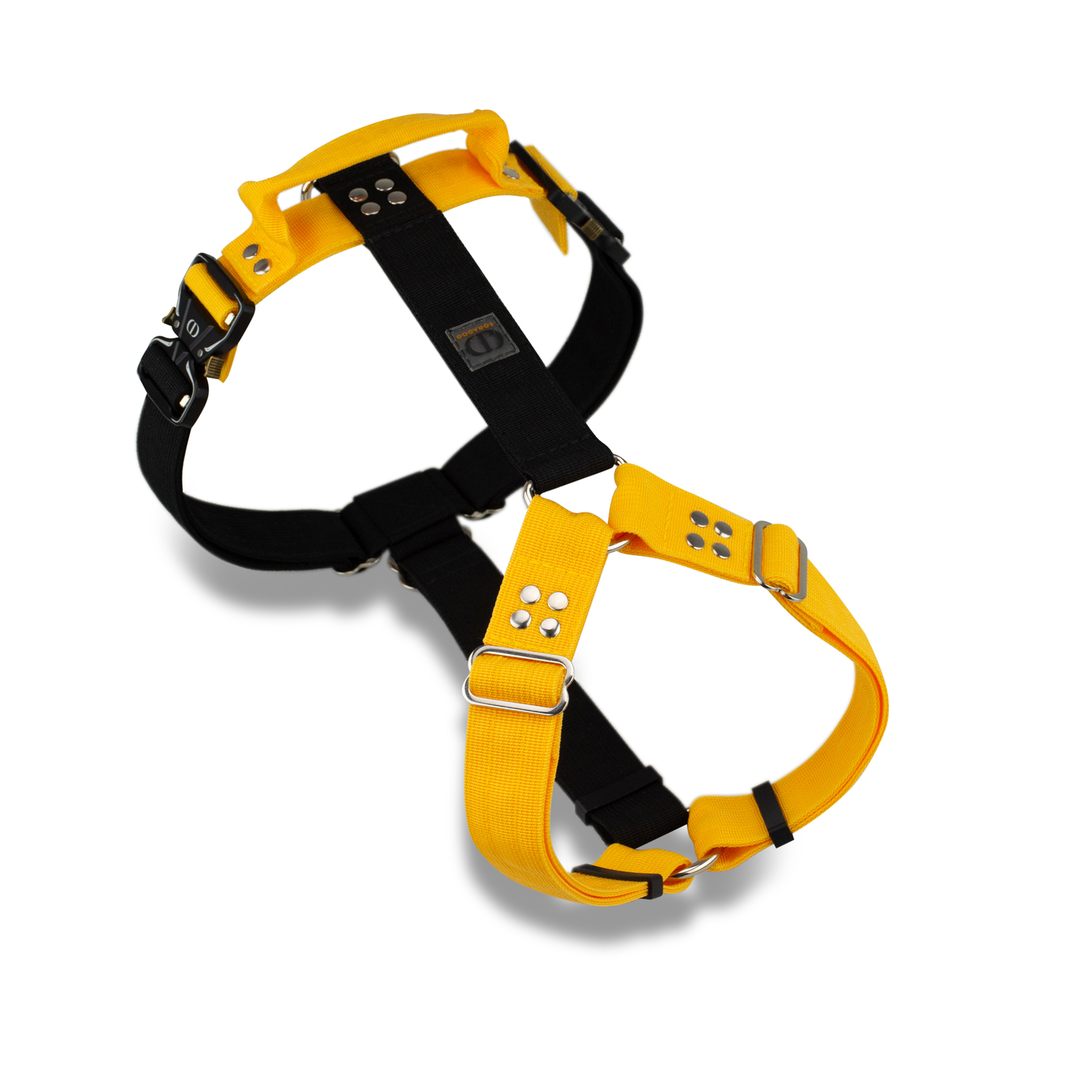Шлейка с ручкой для собак прогулочная анатомическая, для ЗКС, тренировок, CORADOG Double Power цвет желтый, черный