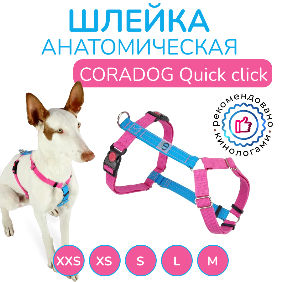 Шлейка прогулочная анатомическая CORADOG Quick click, цвет ярко-розовый, ярко-голубой